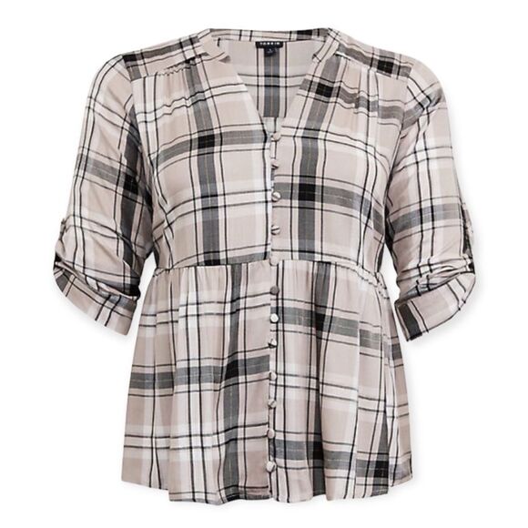 NEW V Neck Tartan Plaid Button Down Long Sleeve Twill Shirt by Torrid - Picture 2 of 4